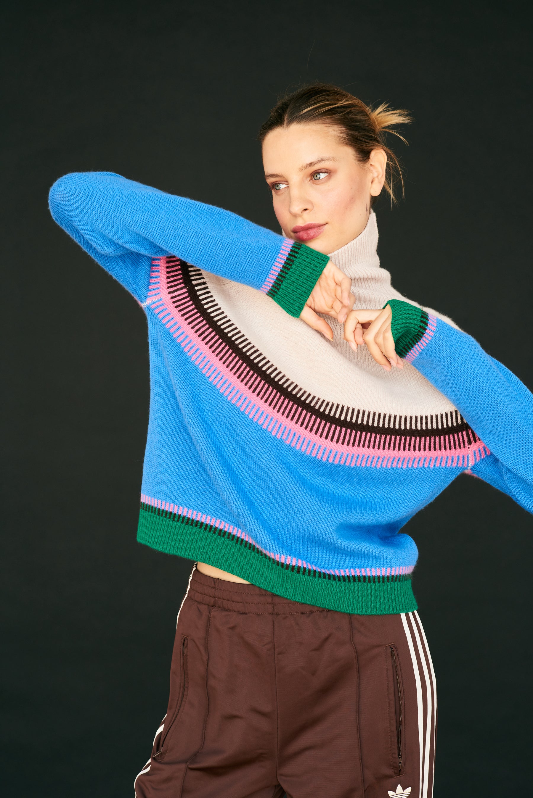 Jumper 1234 Block Fairisle Tweed Roll Collar - Light Rose, Tweed Multi