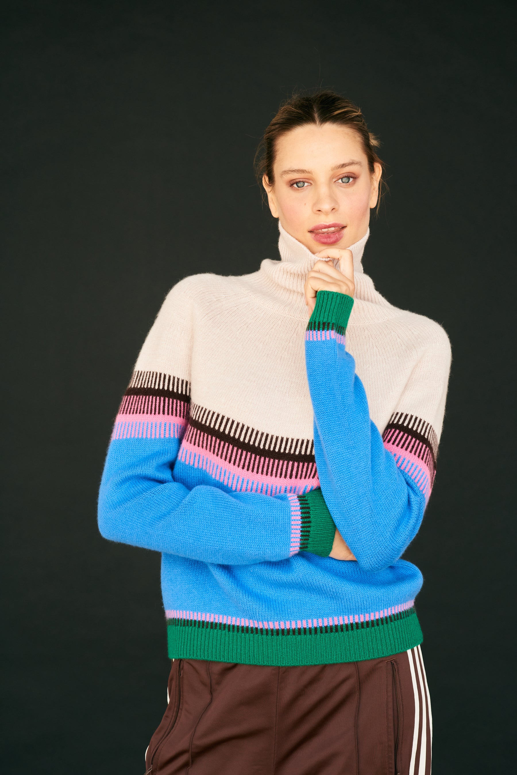 Jumper 1234 Block Fairisle Tweed Roll Collar - Light Rose, Tweed Multi