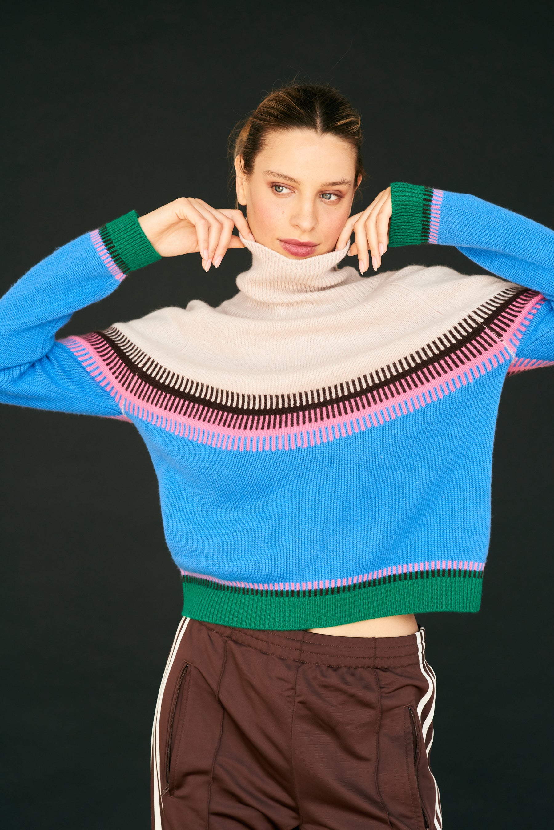 Jumper 1234 Block Fairisle Tweed Roll Collar - Light Rose, Tweed Multi