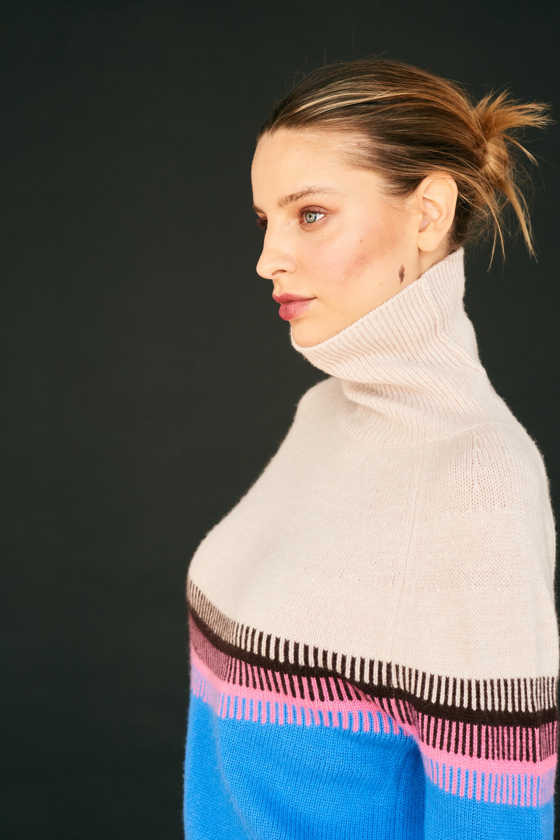 Jumper 1234 Block Fairisle Tweed Roll Collar - Light Rose, Tweed Multi