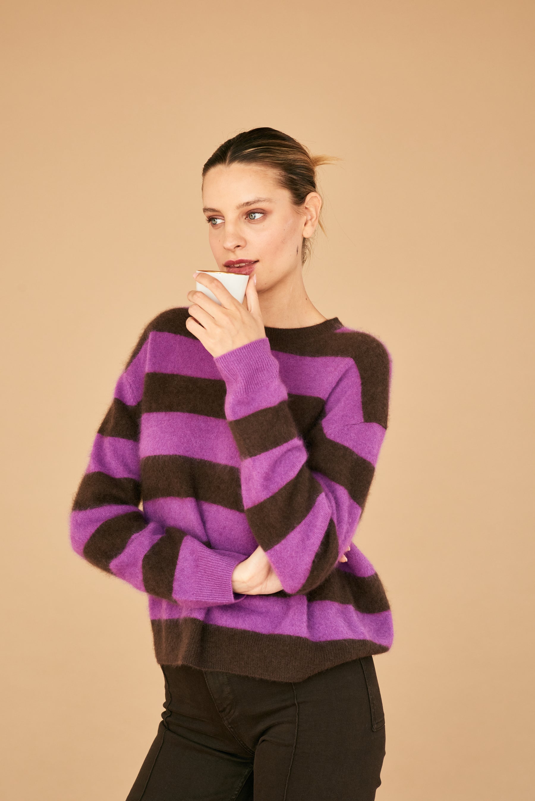 Jumper 1234 Brushed Wool Striped Crew - Hickory, Misty Purple