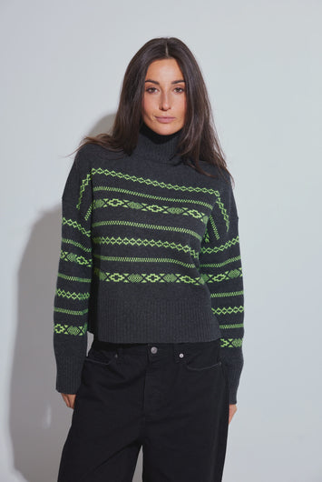 Colorush Chunky Fairisle Carmen Funnel - Graphite, Neon Yellow