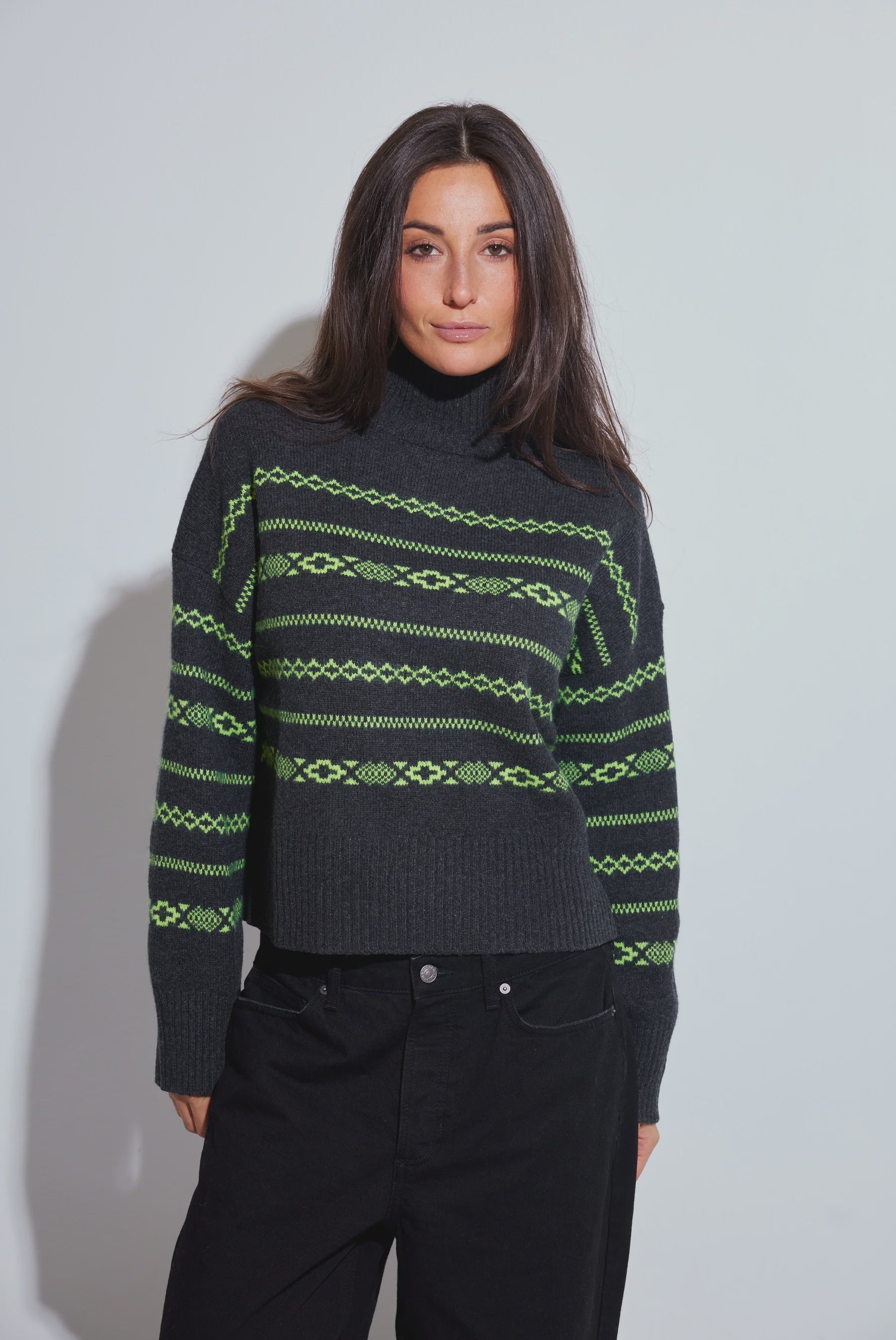 Colorush Chunky Fairisle Carmen Funnel - Graphite, Neon Yellow