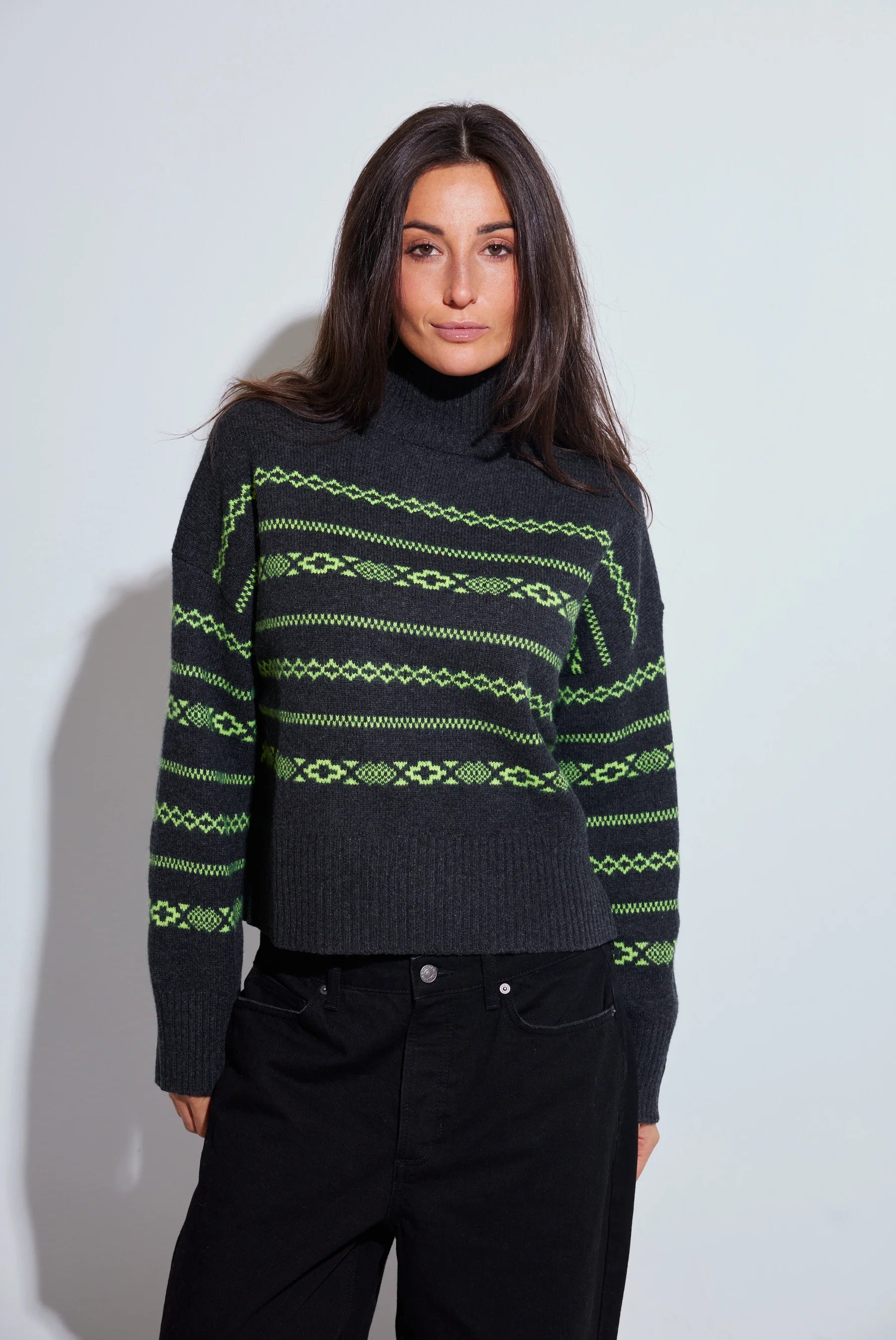 Colorush Chunky Fairisle Carmen Funnel - Graphite, Neon Yellow