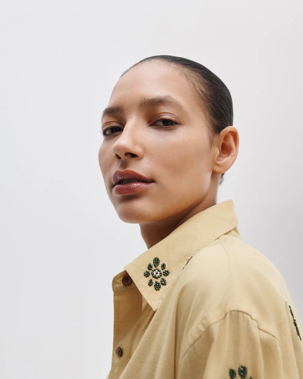Rag & Bone Connie Embroidered Cotton Shirt in Sand