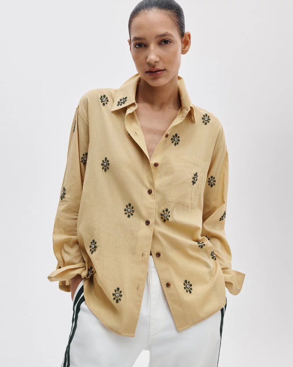 Rag & Bone Connie Embroidered Cotton Shirt in Sand