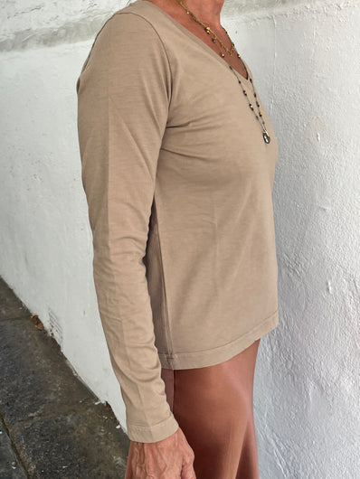 Crossley Biril LS V Neck Tee - Almond