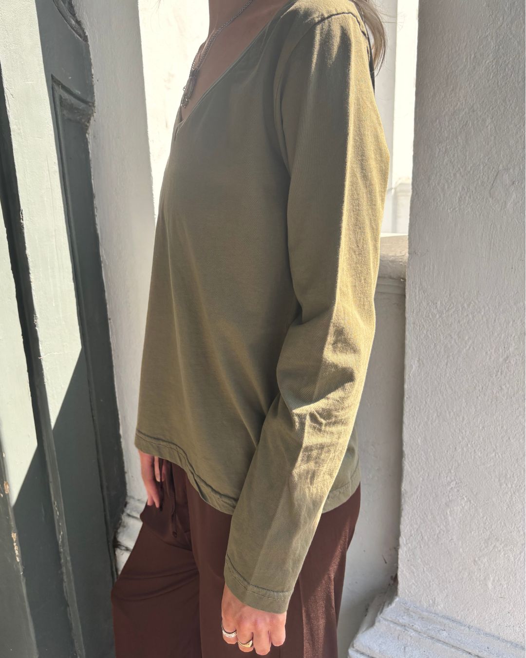 Crossley Biril LS V Neck Tee - Army