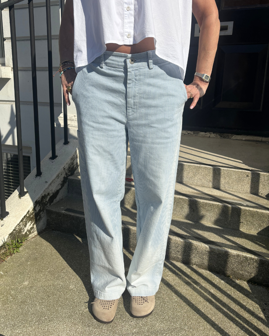 Crossley Trittl Wide Leg Trouser in Blue, Milk Stripe