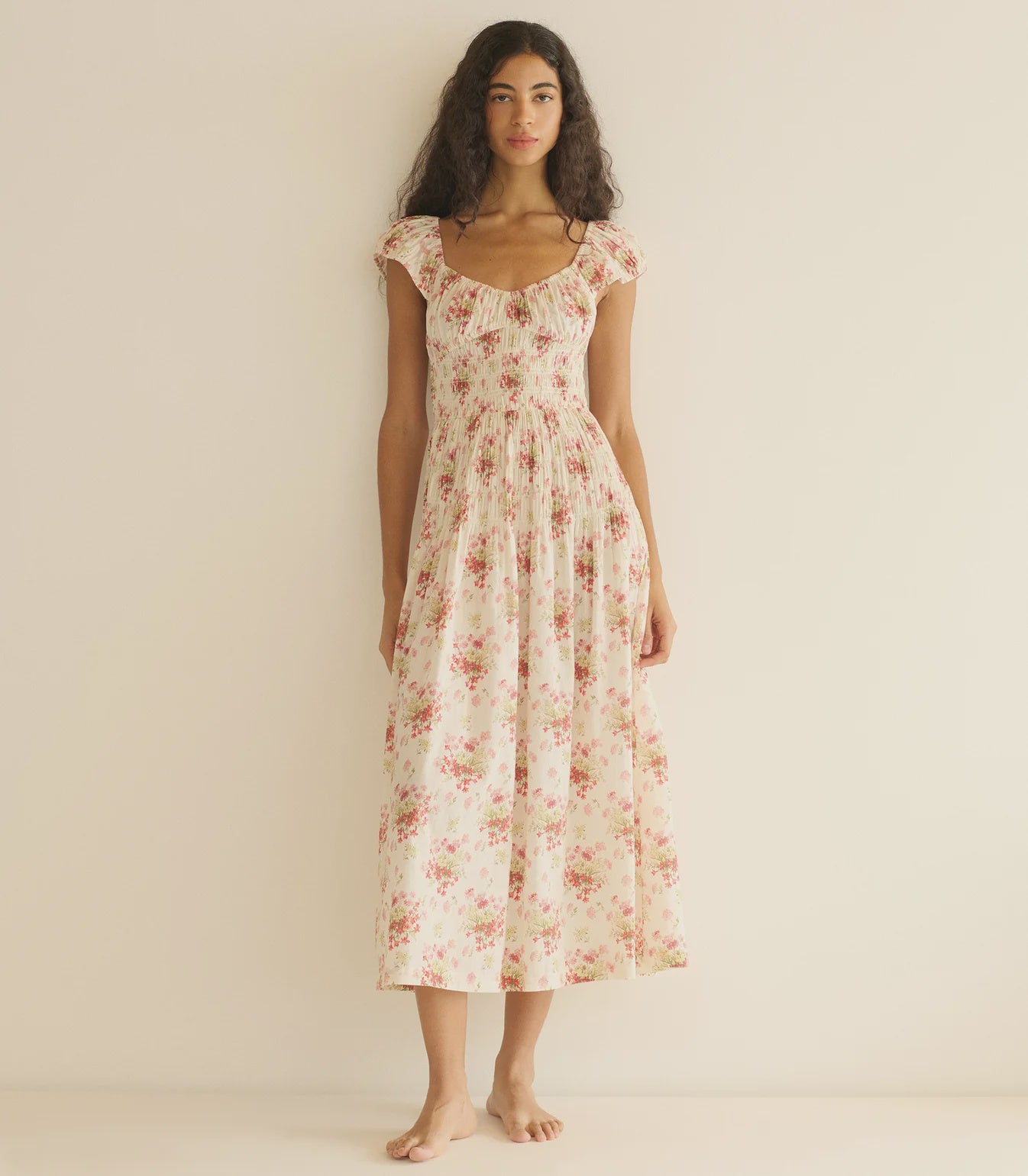 DÔEN Quinette Dress Ivory Lantana Floral | Organic Cotton Midi