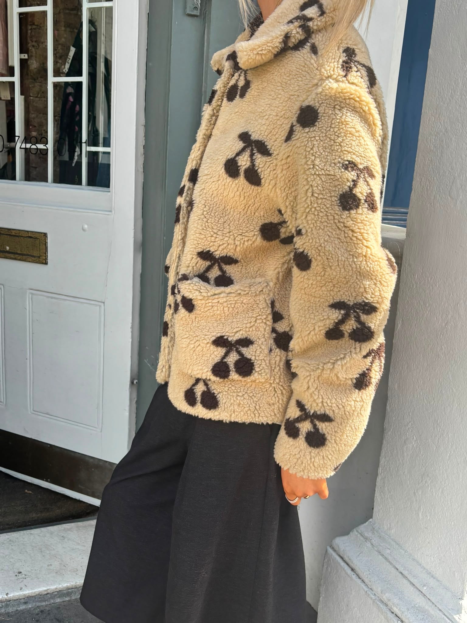 Emile & Ida Cerise Cherry Print Fleece Jacket - Beige