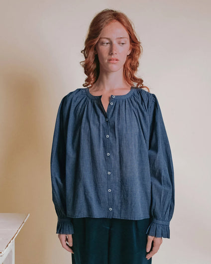 Emile & Ida Edounia Blouse in Helsinki Navy — oversized organic cotton khadi blouse with gathered neckline, ruffled cuffs and mother-of-pearl button front

