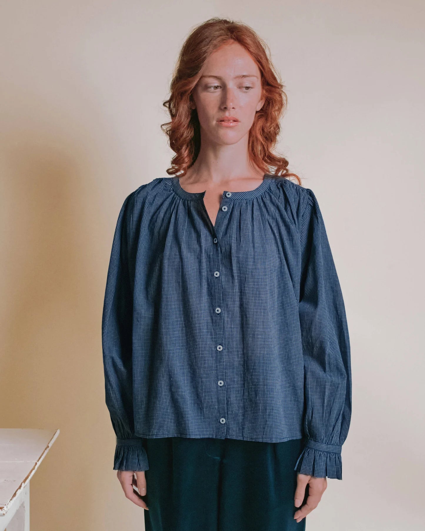 Emile & Ida Edounia Blouse in Helsinki Navy — oversized organic cotton khadi blouse with gathered neckline, ruffled cuffs and mother-of-pearl button front

