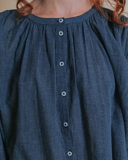 Emile & Ida Edounia Blouse in Helsinki Navy — oversized organic cotton khadi blouse with gathered neckline, ruffled cuffs and mother-of-pearl button front

