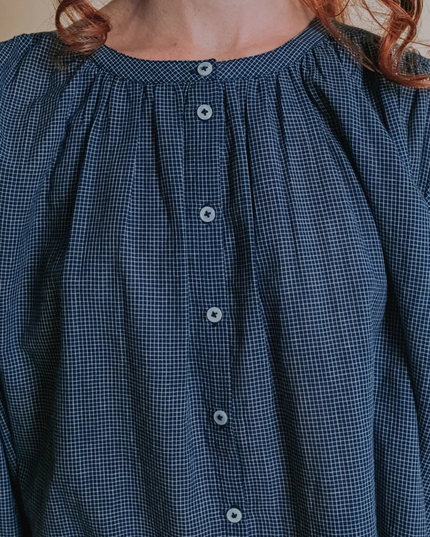 Emile & Ida Edounia Blouse in Helsinki Navy — oversized organic cotton khadi blouse with gathered neckline, ruffled cuffs and mother-of-pearl button front