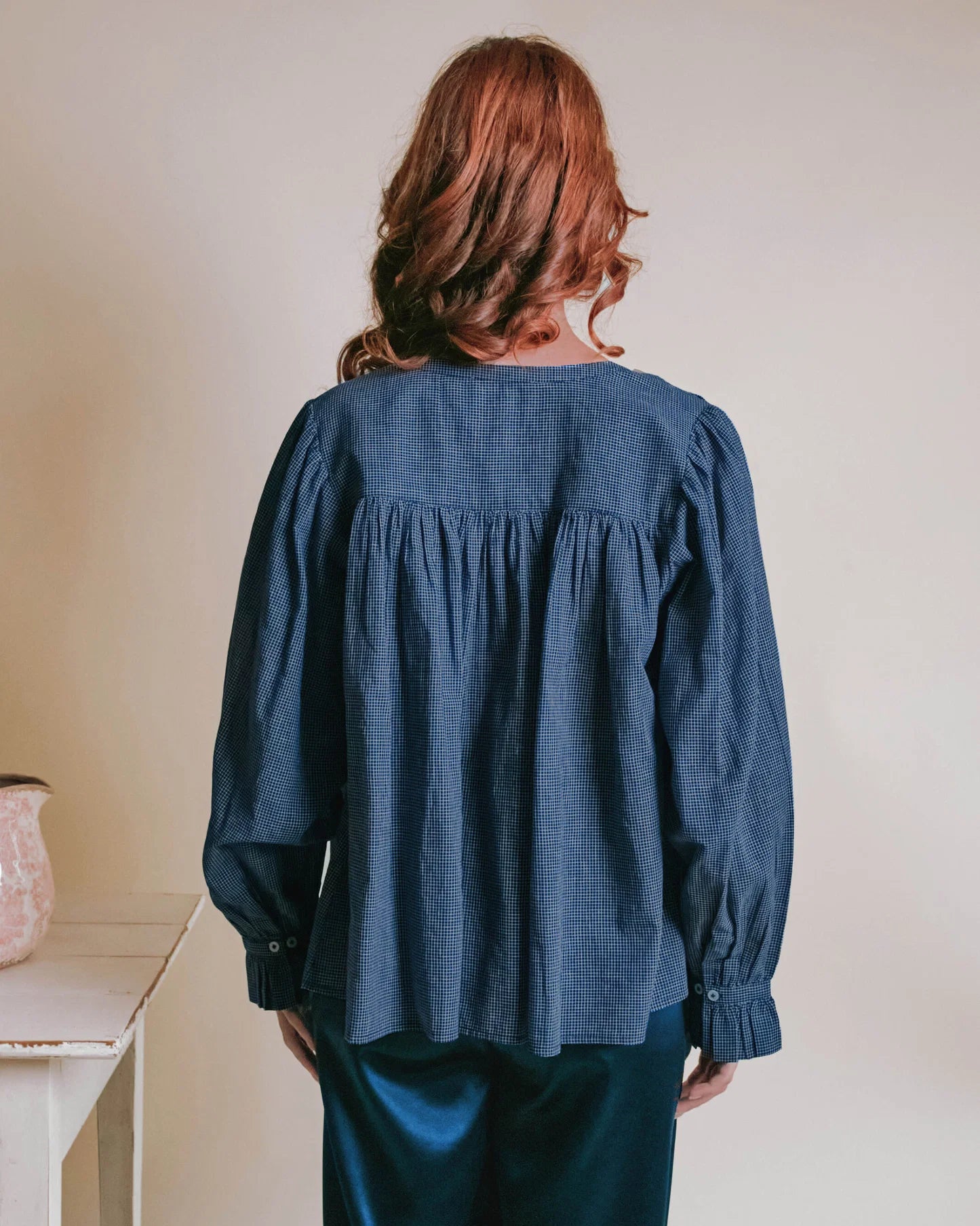 Emile & Ida Edounia Blouse in Helsinki Navy — oversized organic cotton khadi blouse with gathered neckline, ruffled cuffs and mother-of-pearl button fron