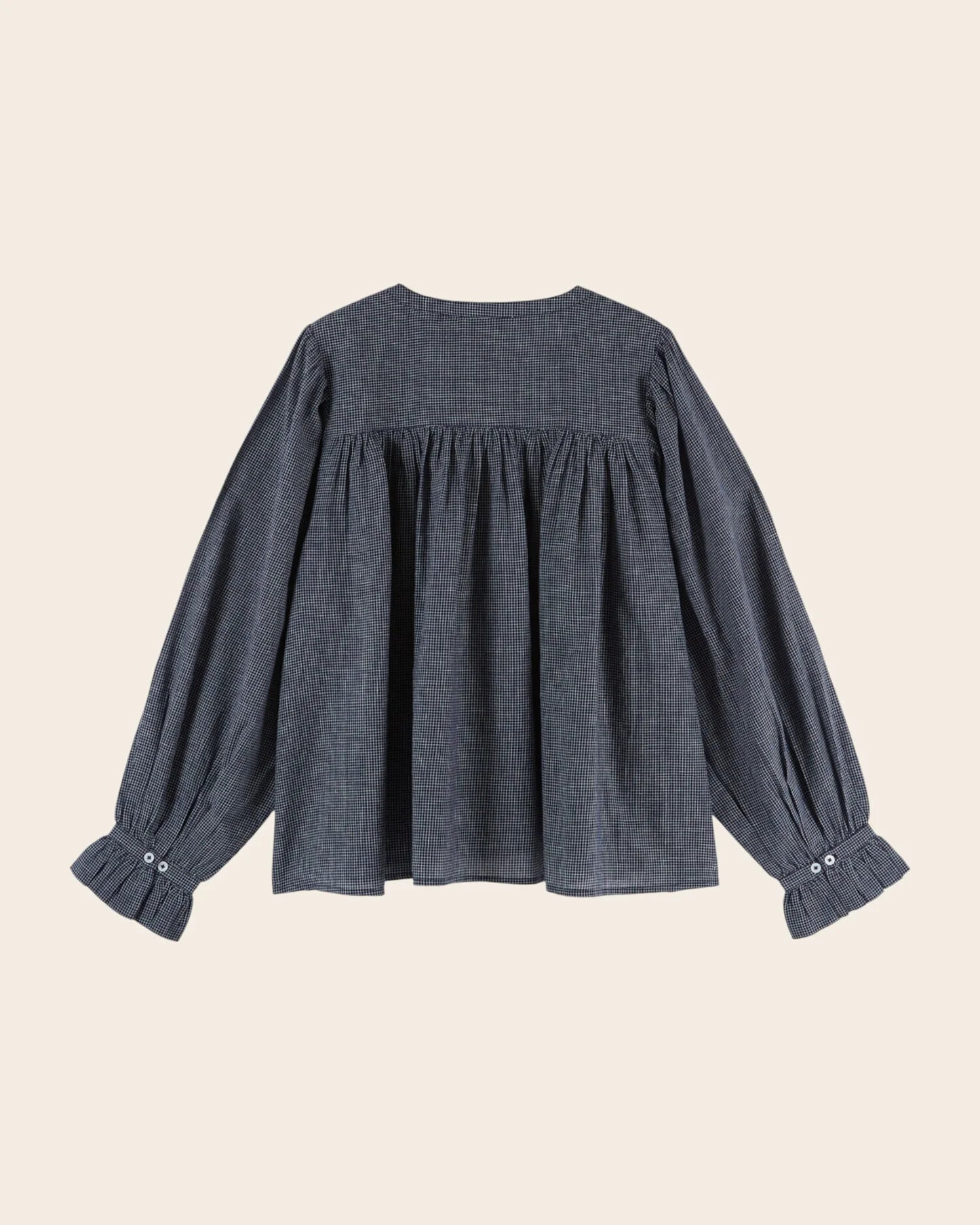 Emile & Ida Edounia Blouse in Helsinki Navy — oversized organic cotton khadi blouse with gathered neckline, ruffled cuffs and mother-of-pearl button front