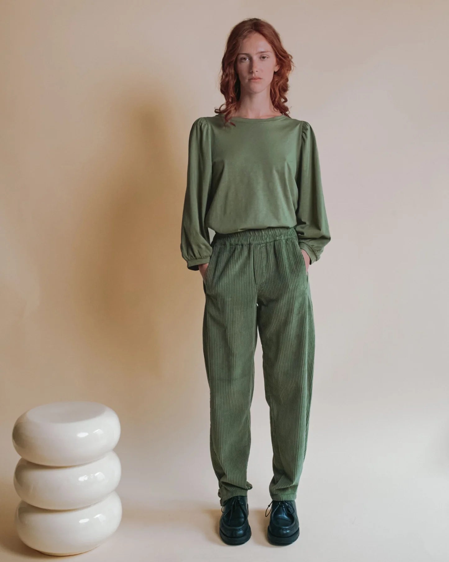 Emile & Ida Ernest Corduroy Barrel-Leg Trousers – Pistachio Green