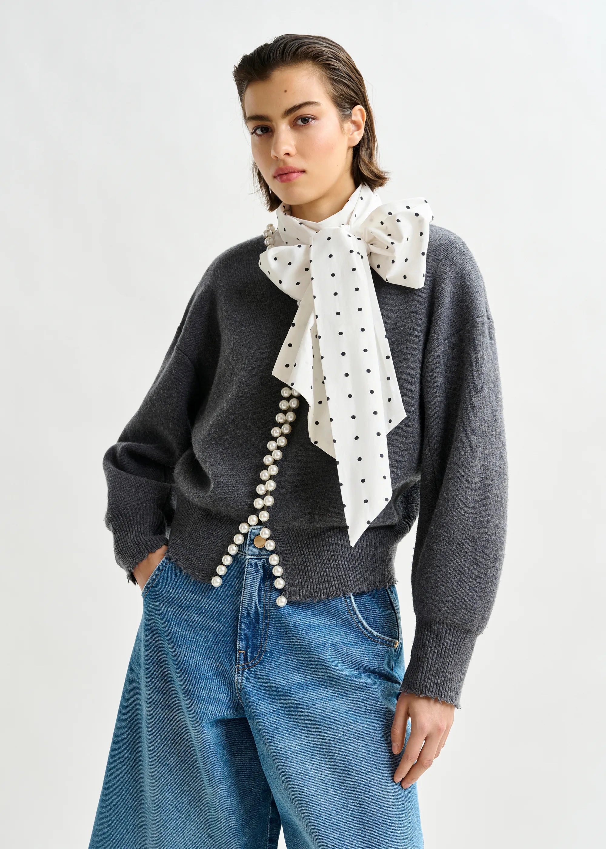 Essentiel Antwerp Ideas Knit Beaded Cardi in Grey