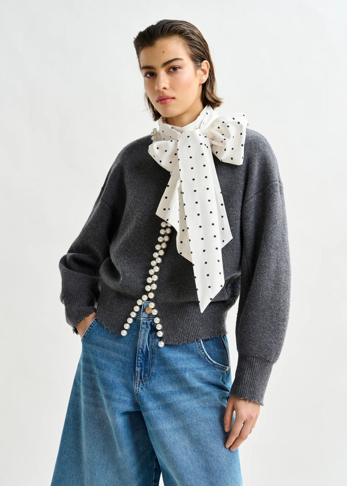 Essentiel Antwerp Ideas Knit Beaded Cardi in Grey