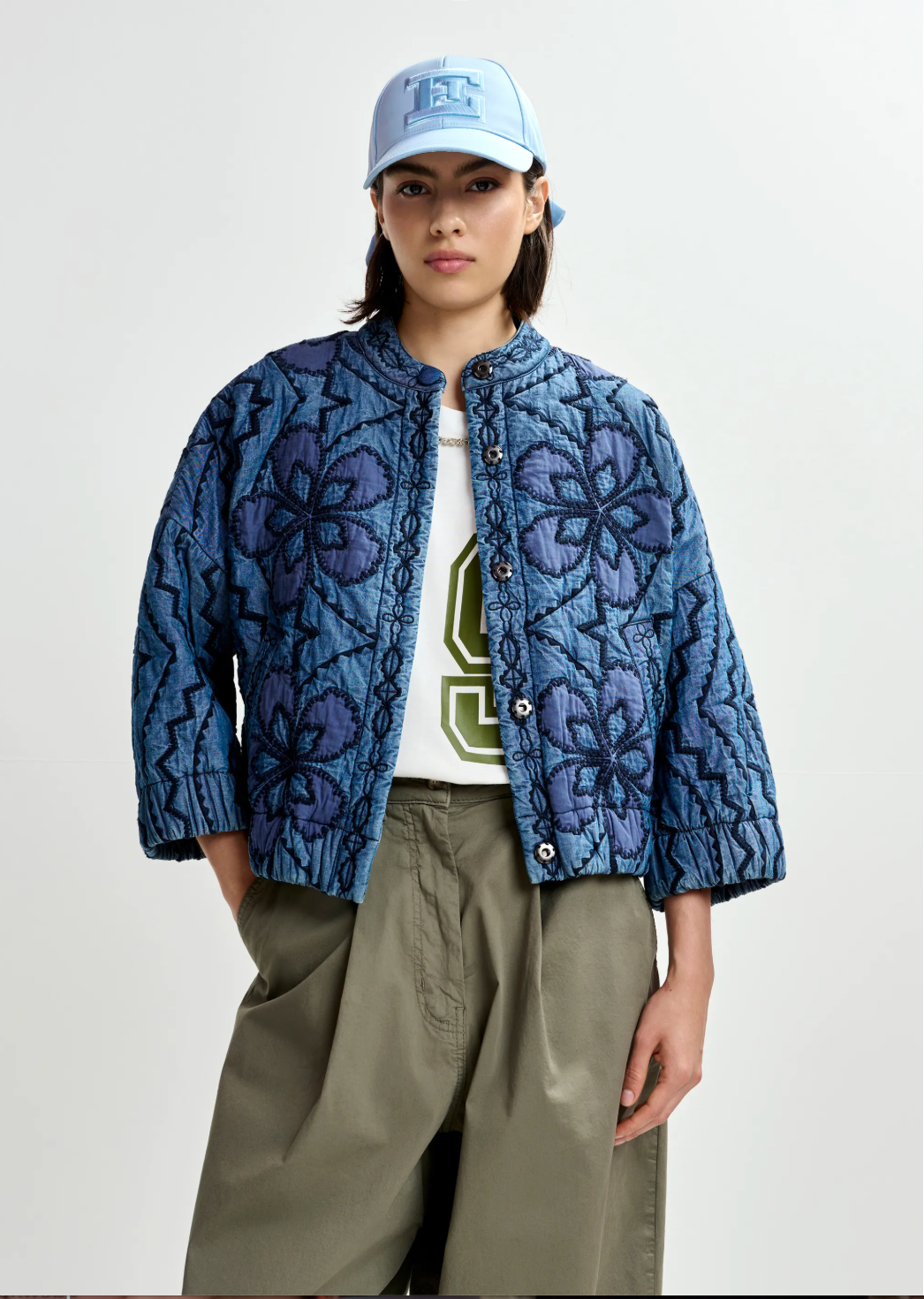 Essentiel Antwerp Jatropha Quilted Denim Jacket in Nile Blue