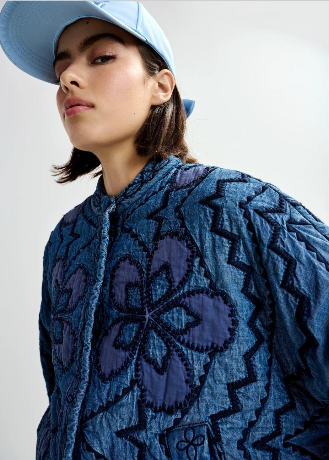 Essentiel Antwerp Jatropha Quilted Denim Jacket in Nile Blue
