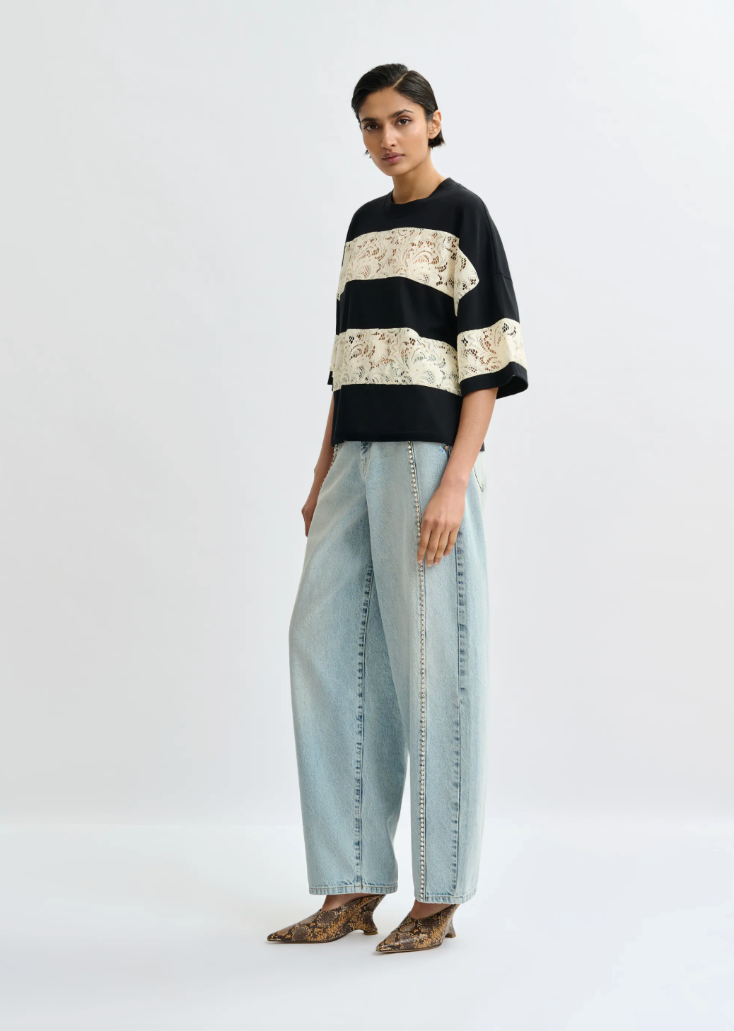 Essentiel Antwerp Jemix Striped Lace Tee in Black