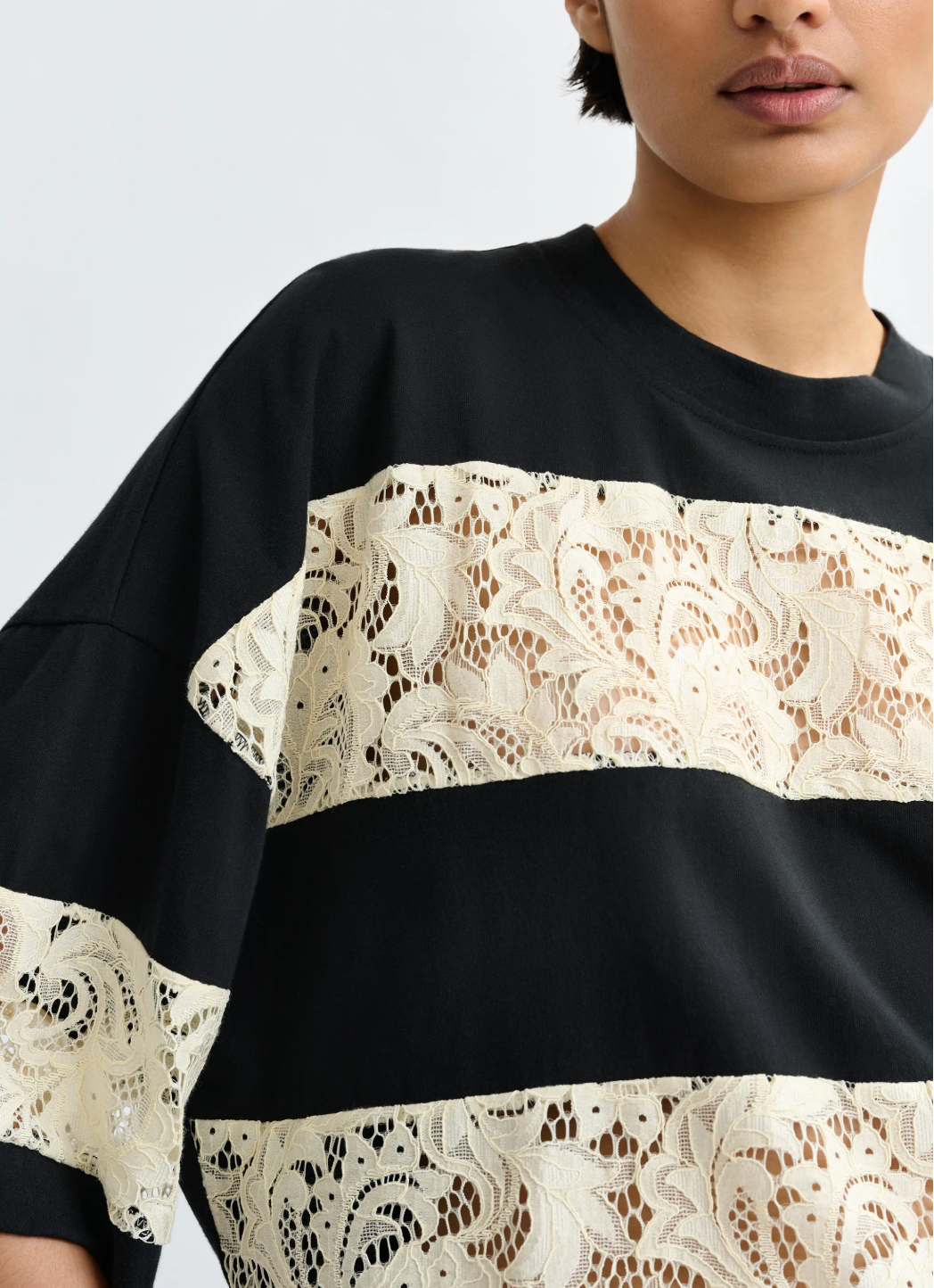 Essentiel Antwerp Jemix Striped Lace Tee in Black
