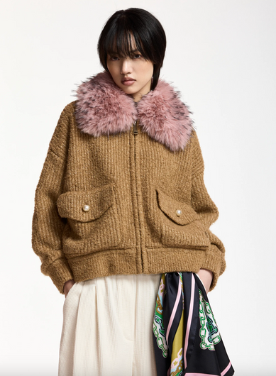 Essentiel Antwerp Kanada Knitted Jacket with Fur - Camel Club