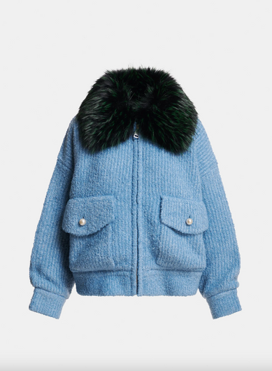 Essentiel Antwerp Kanada Knitted Jacket with Fur Collar - Azure Affair