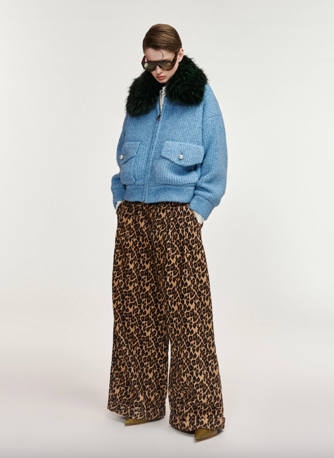 Essentiel Antwerp Kanada Knitted Jacket with Fur Collar - Azure Affair