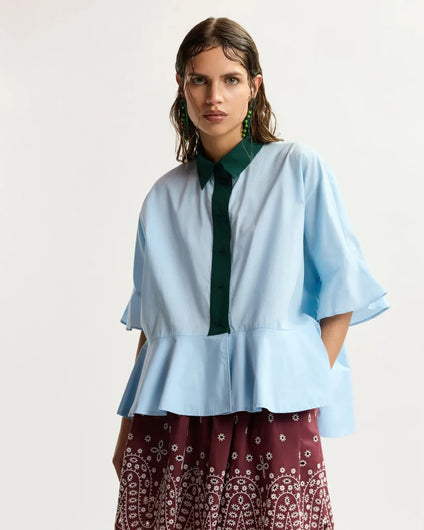 Essentiel Antwerp Kaylee Peplum Ruffle Shirt - Aquamarine