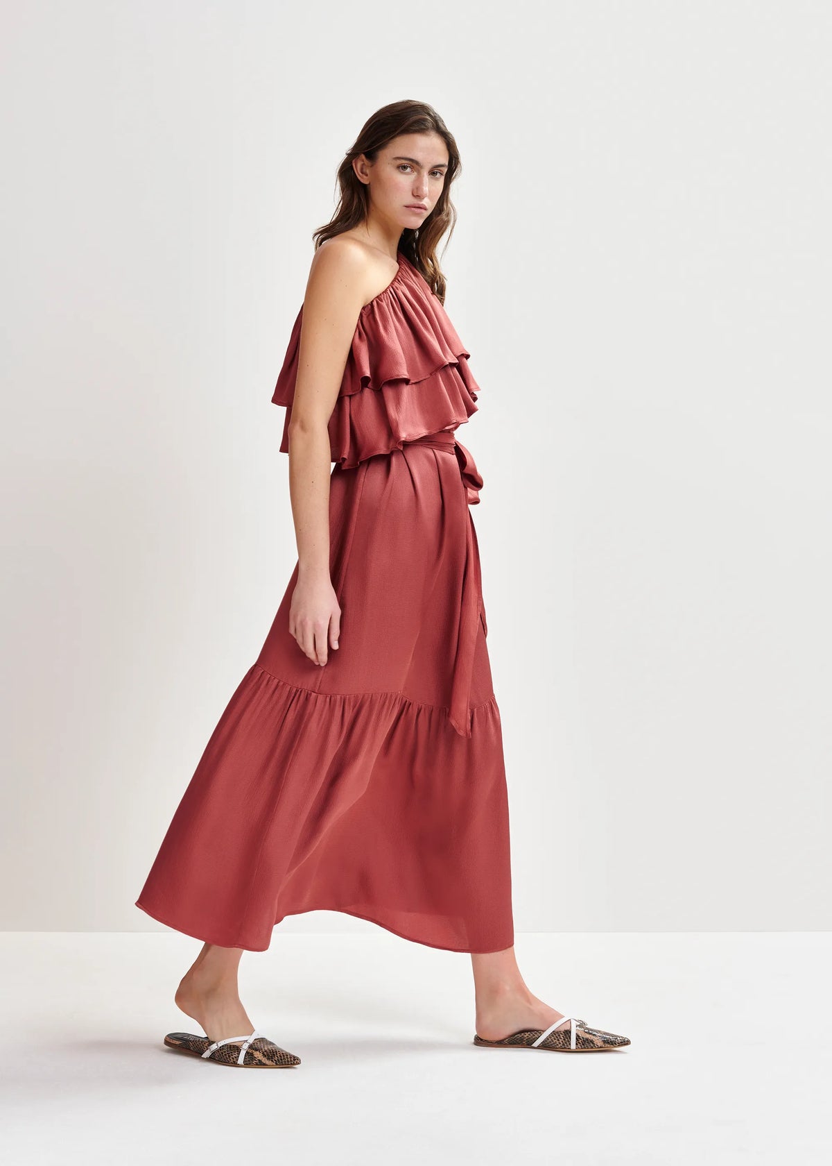 EA Hoenix Asymmetric Dress in Burnt Coral