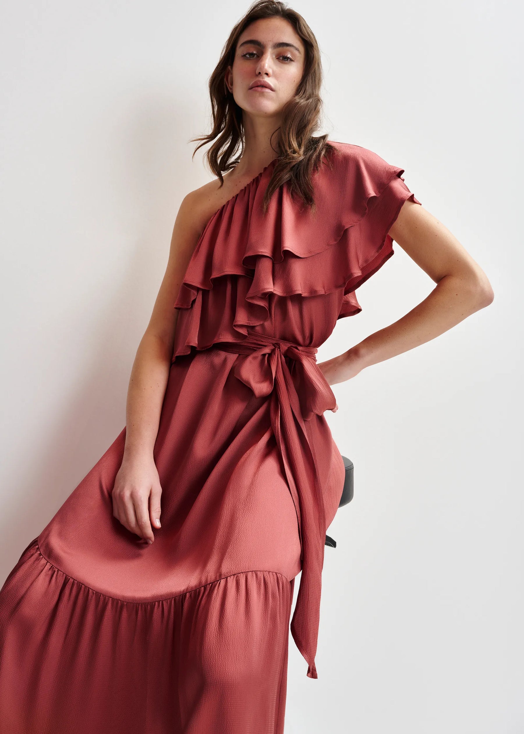 Essentiel Antwerp Hoenix Asymmetric Dress in Burnt Coral