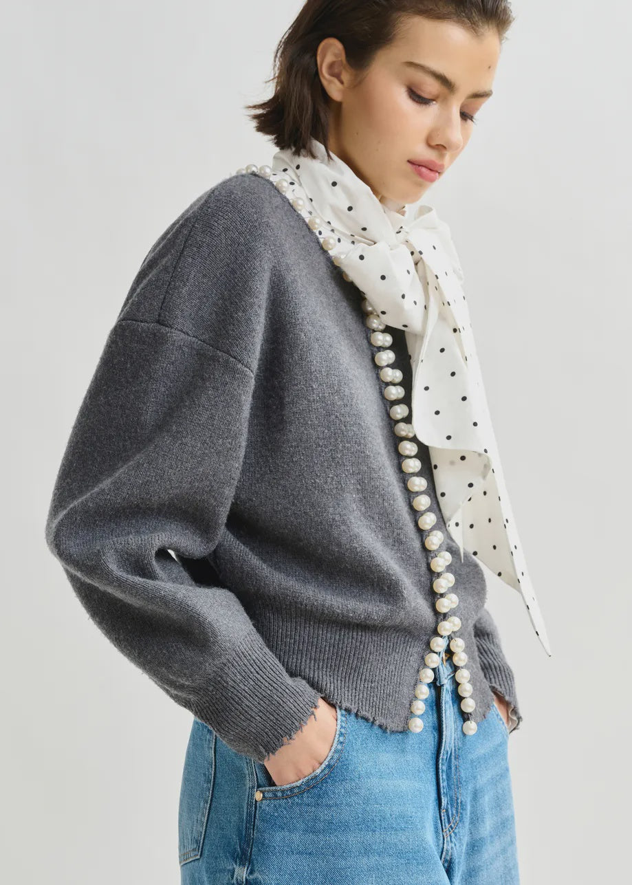 Essentiel Antwerp Ideas Knit Beaded Cardi in Grey