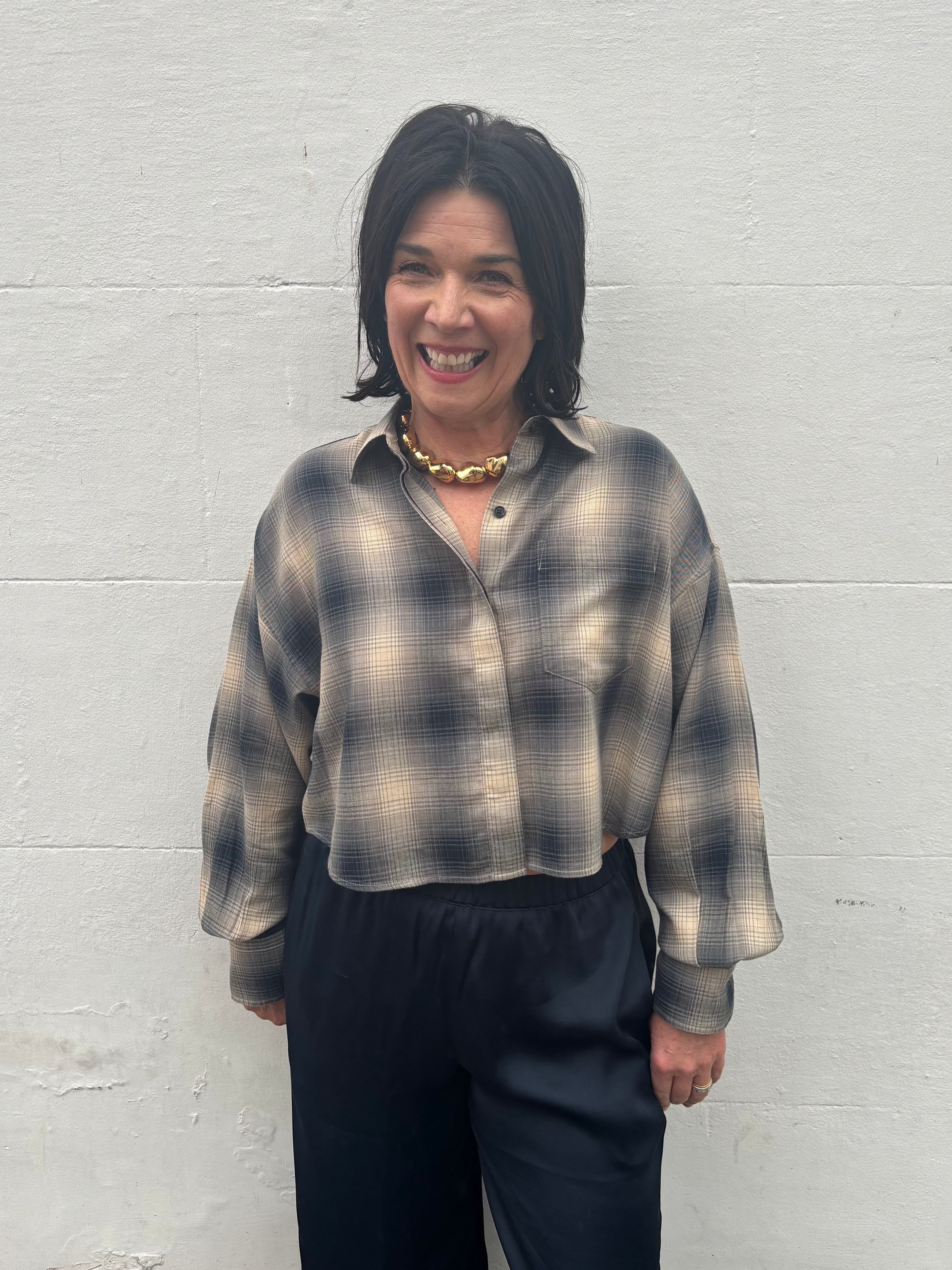 Rag & Bone Marin Cropped Plaid Shirt in Navy