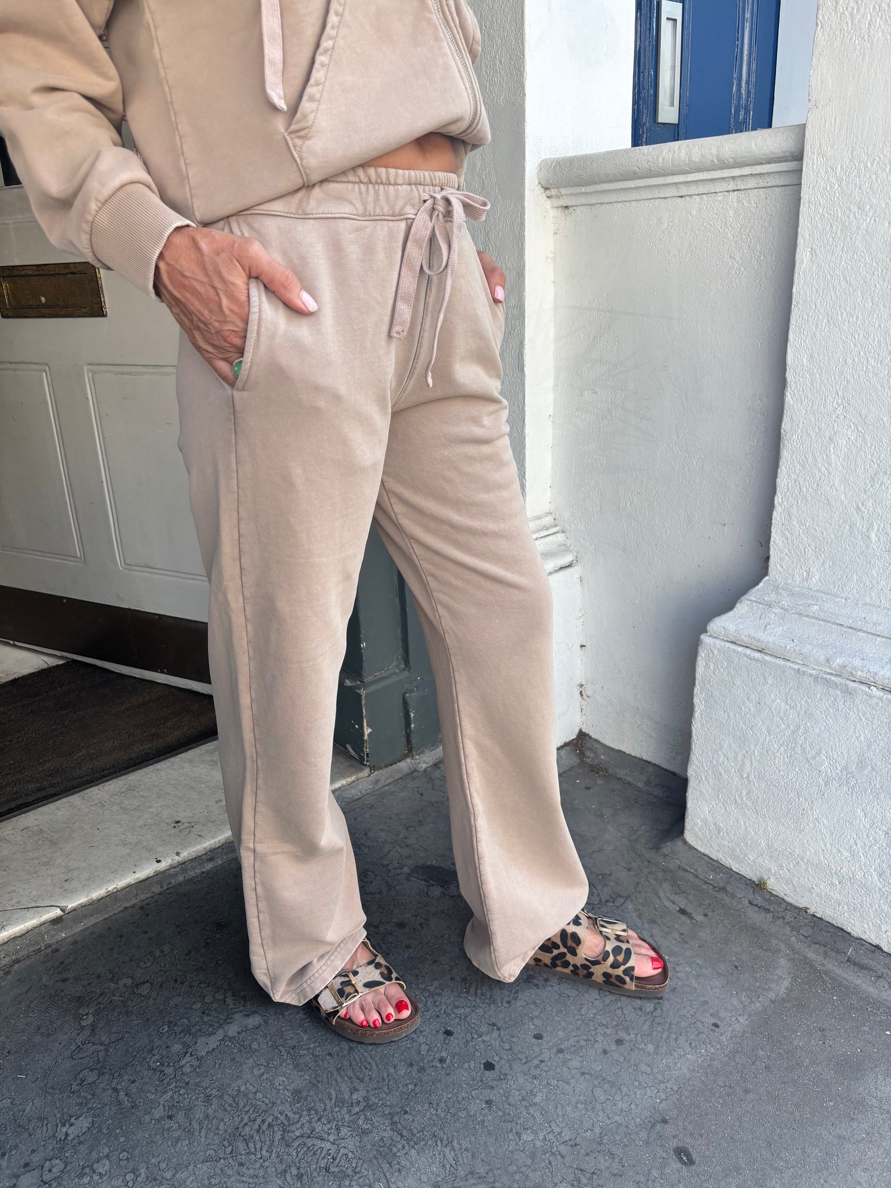 Crossley Dufrel Long Flare Sweatpants - Almond Stone Wash