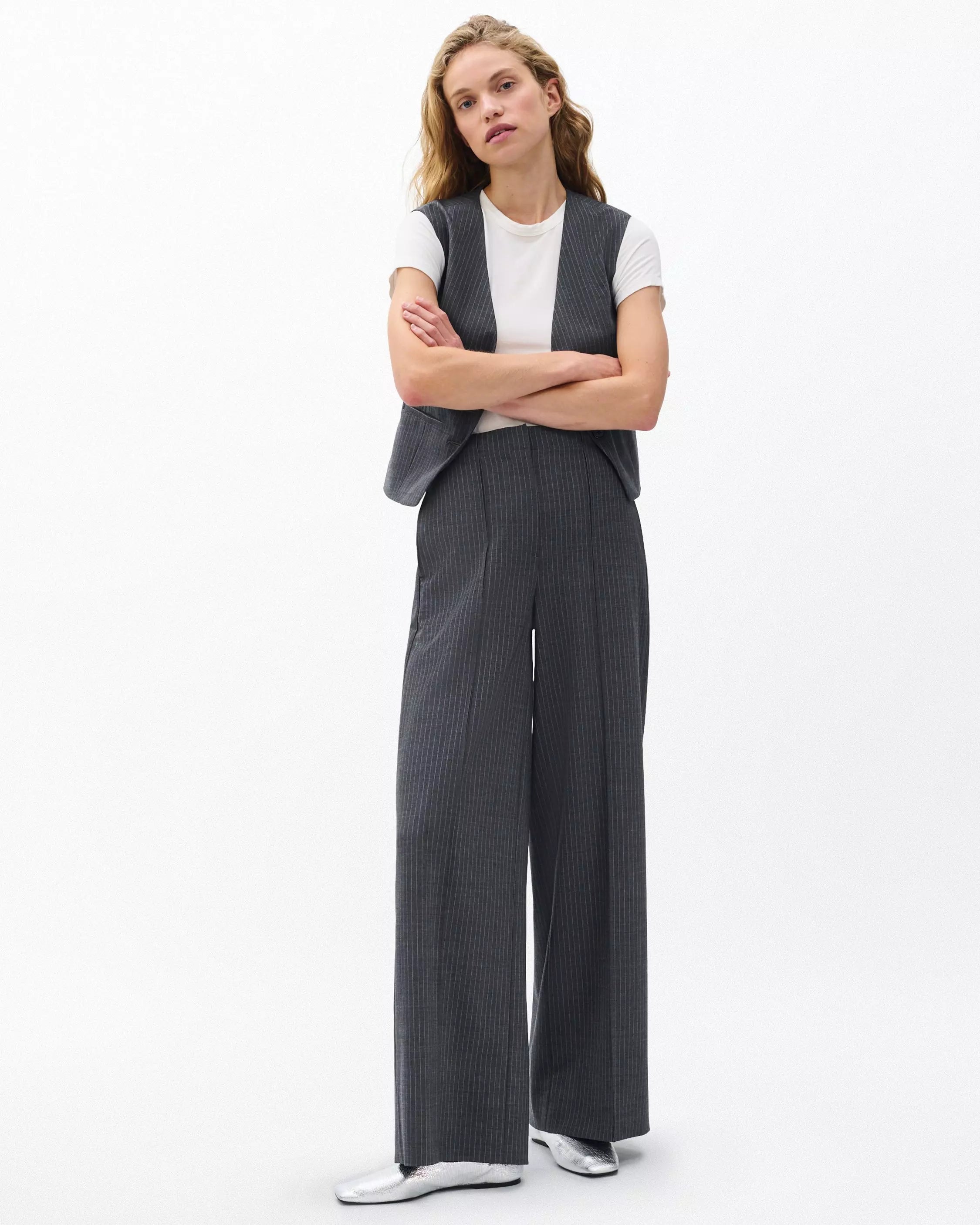 Rag & Bone Irina Stripe High Rise Tailored Pant in Grey Stripe