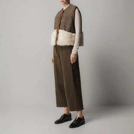 Emin + Paul Shearling Wool Check Vest in Brown Check