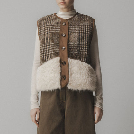 Emin + Paul Shearling Wool Check Vest in Brown Check