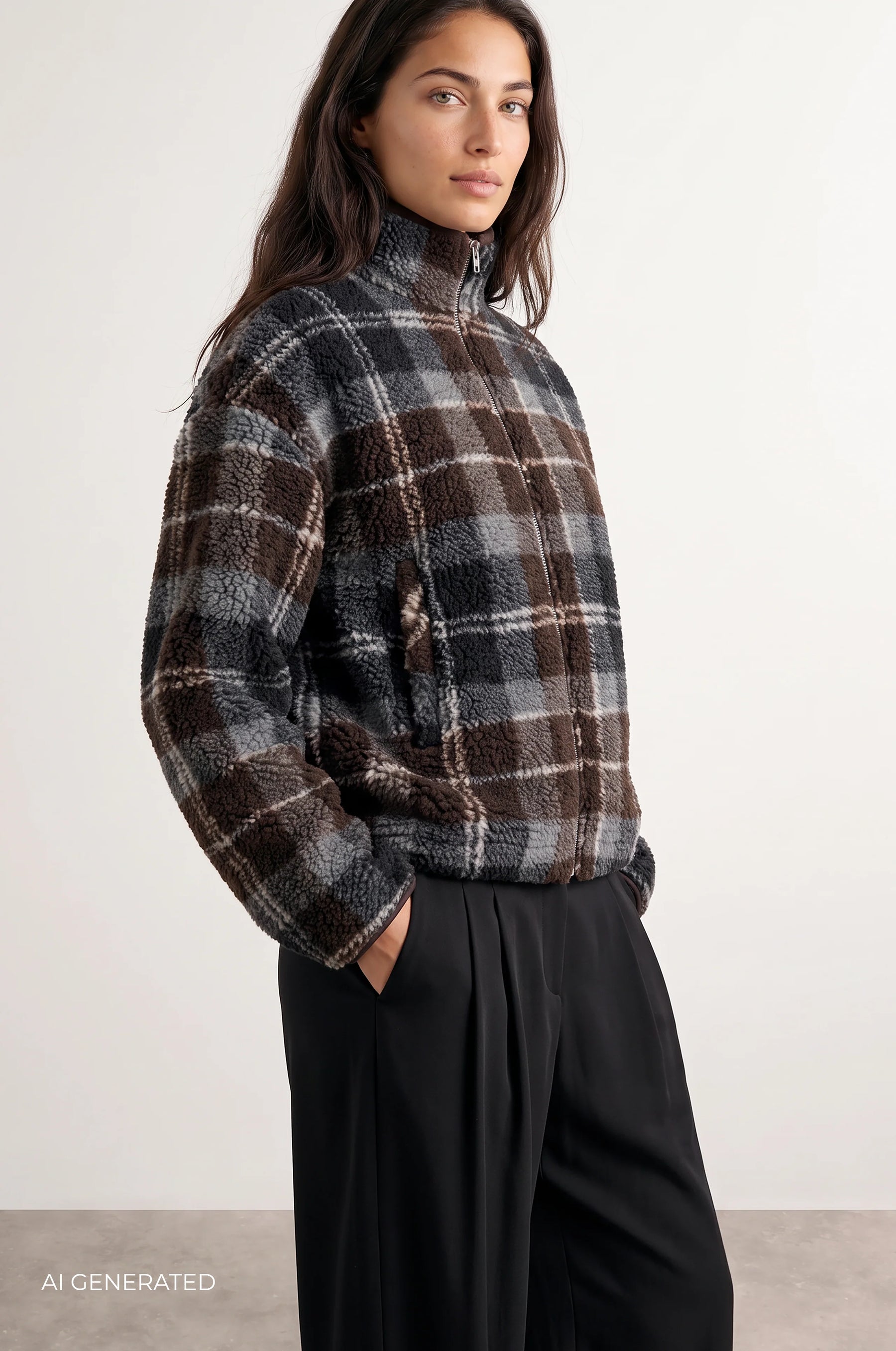 Levete Room Tass Check Fleece - Brown, Navy
