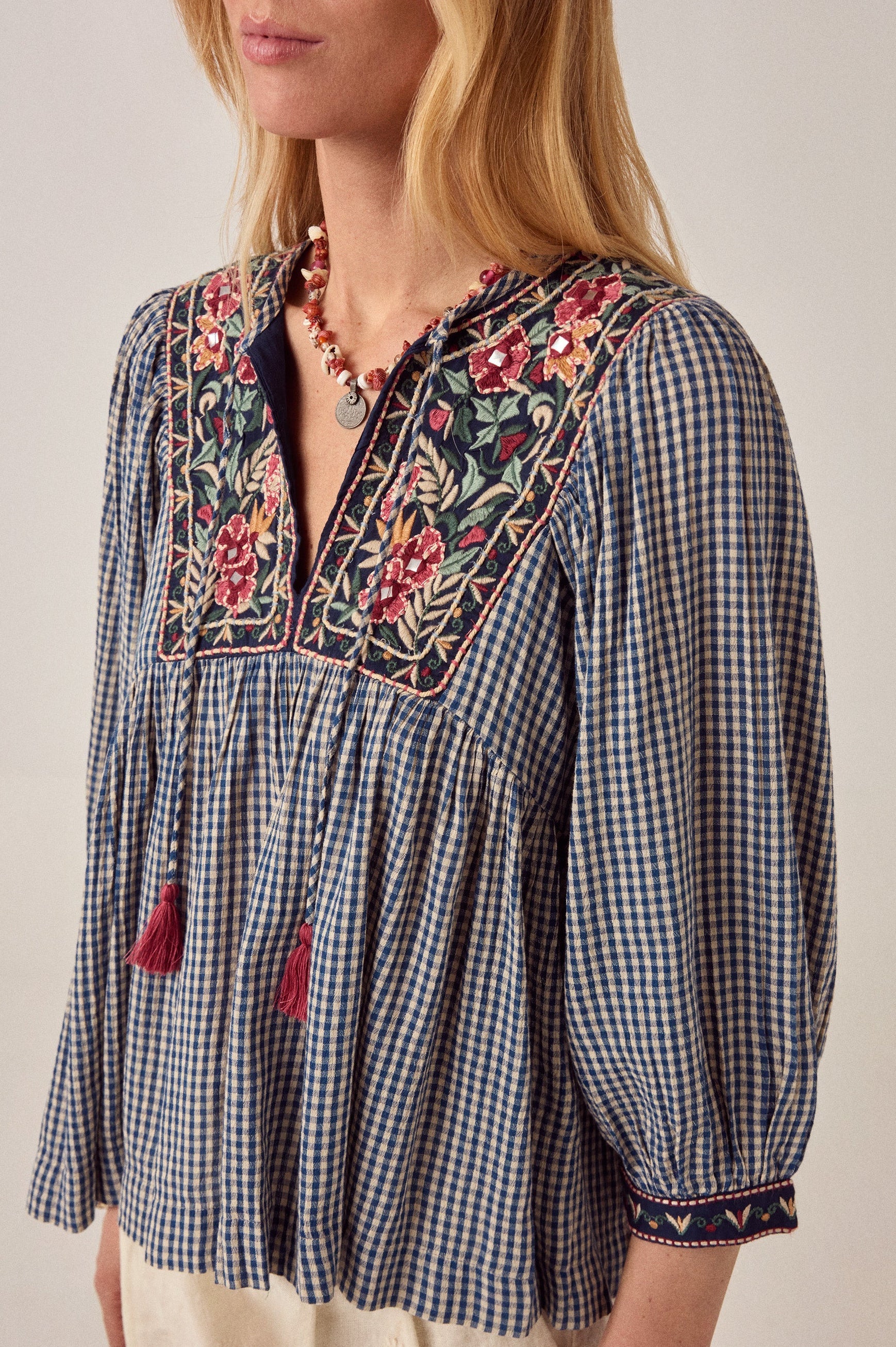 Maison Hotel April Gingham Bloom Top in Picnic Blue is crafted from airy cotton voile.