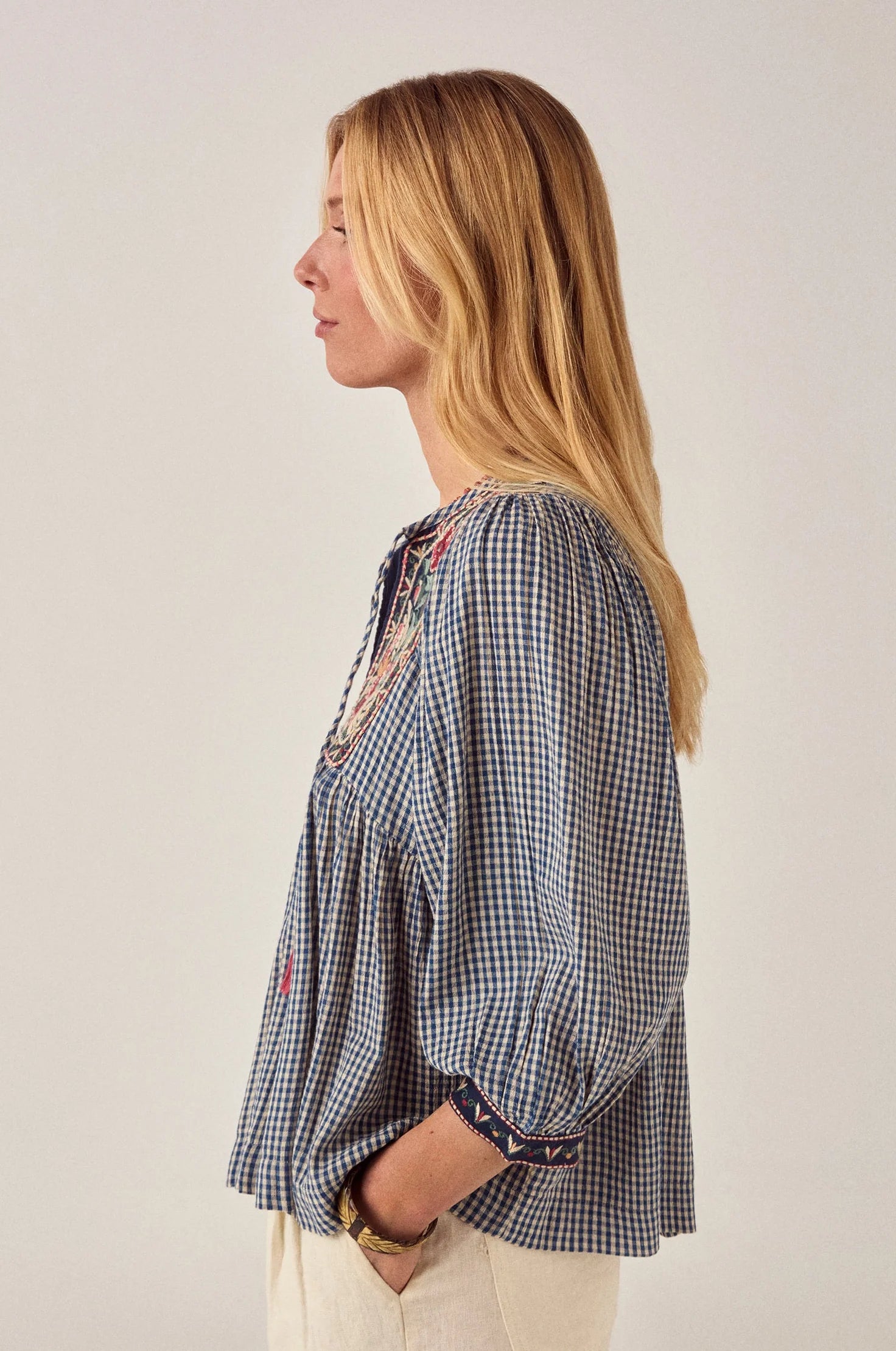 Maison Hotel April Gingham Bloom Top in Picnic Blue is crafted from airy cotton voile.