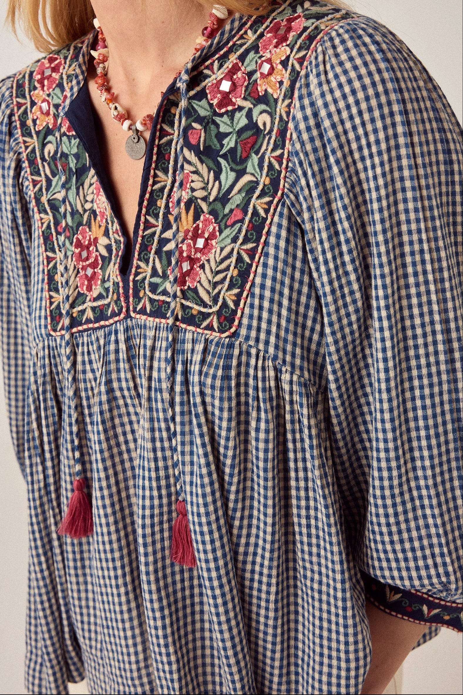 Maison Hotel April Gingham Bloom Top in Picnic Blue is crafted from airy cotton voile.