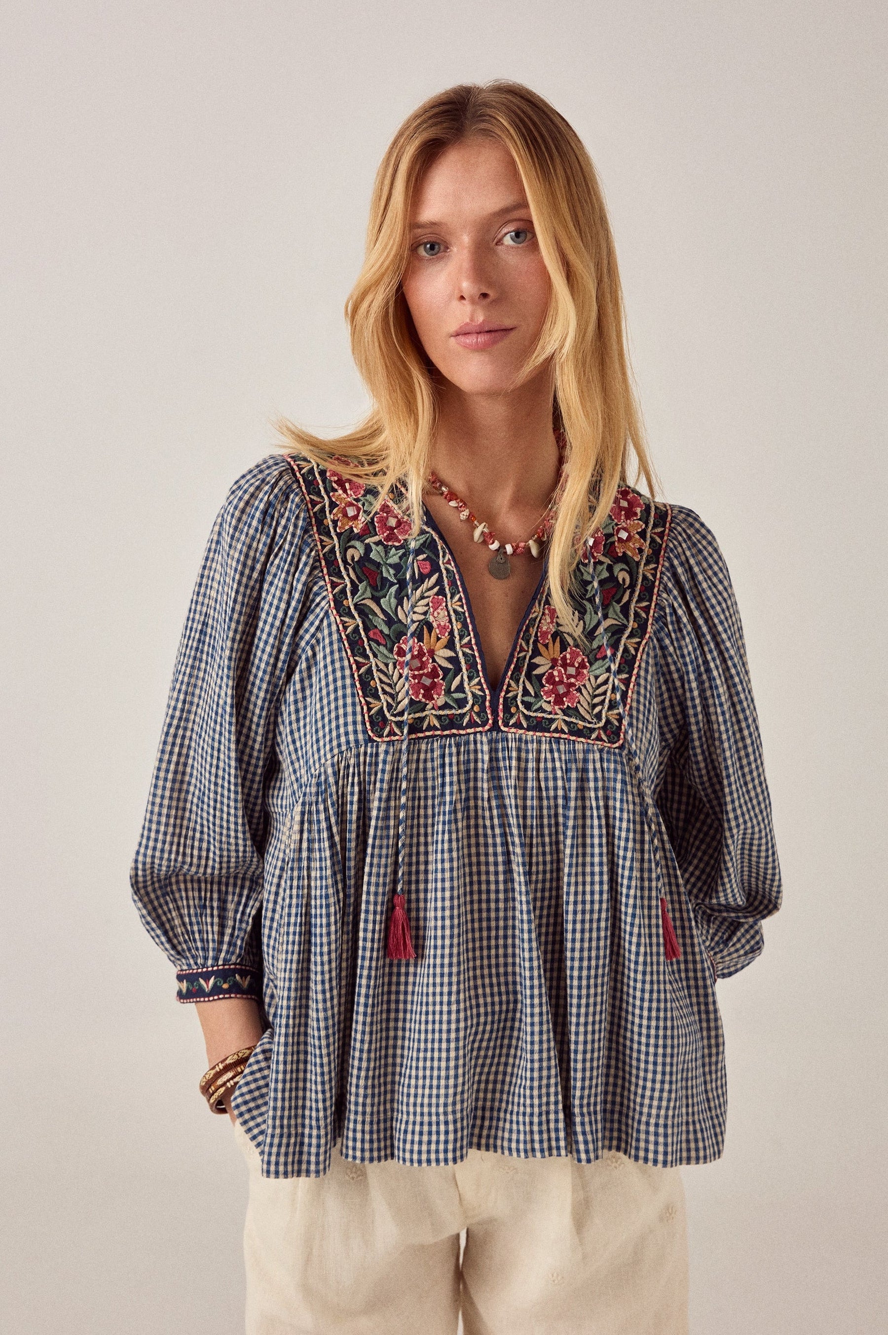 Maison Hotel April Gingham Bloom Top in Picnic Blue is crafted from airy cotton voile.