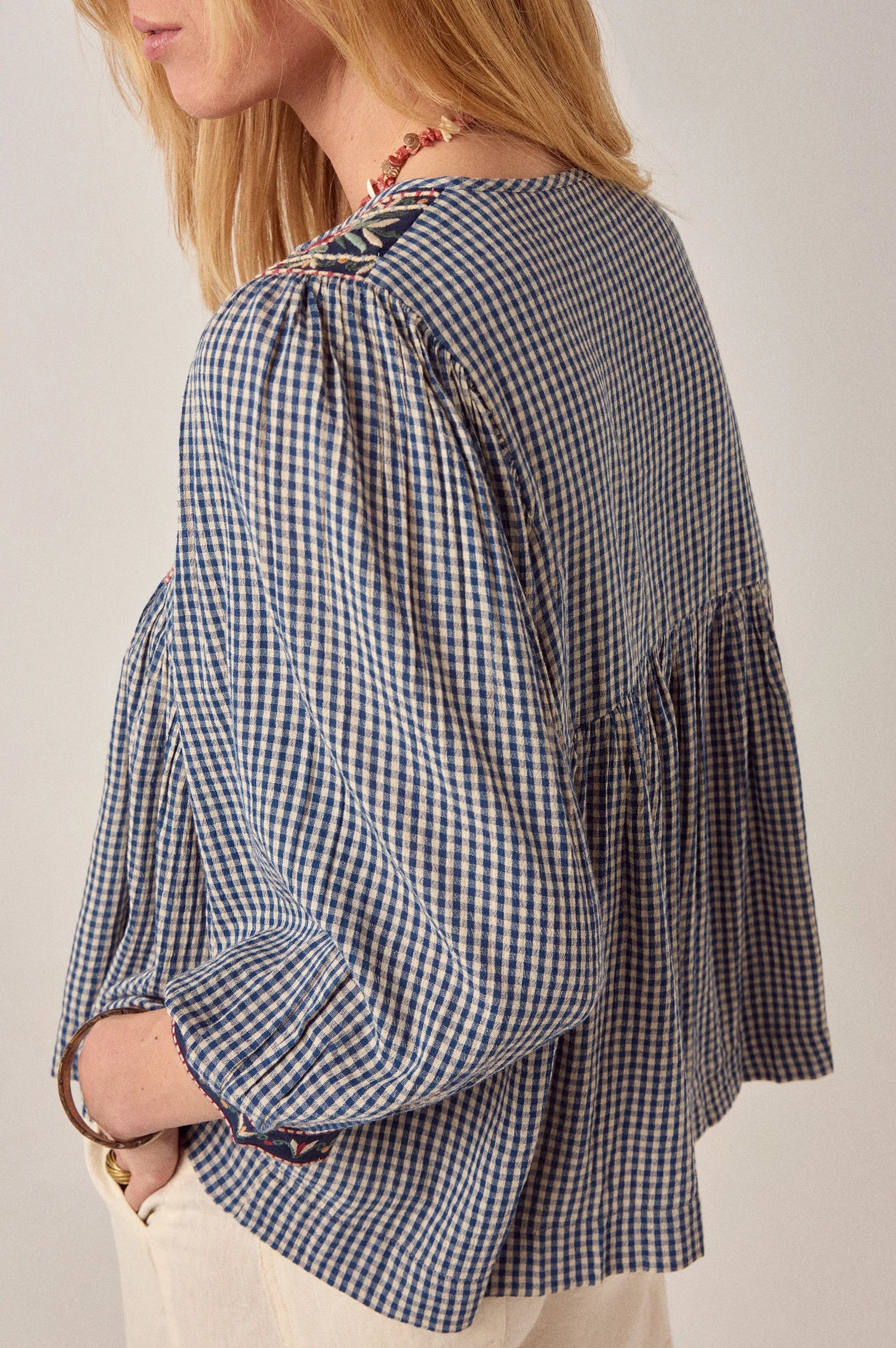Maison Hotel April Gingham Bloom Top in Picnic Blue is crafted from airy cotton voile.