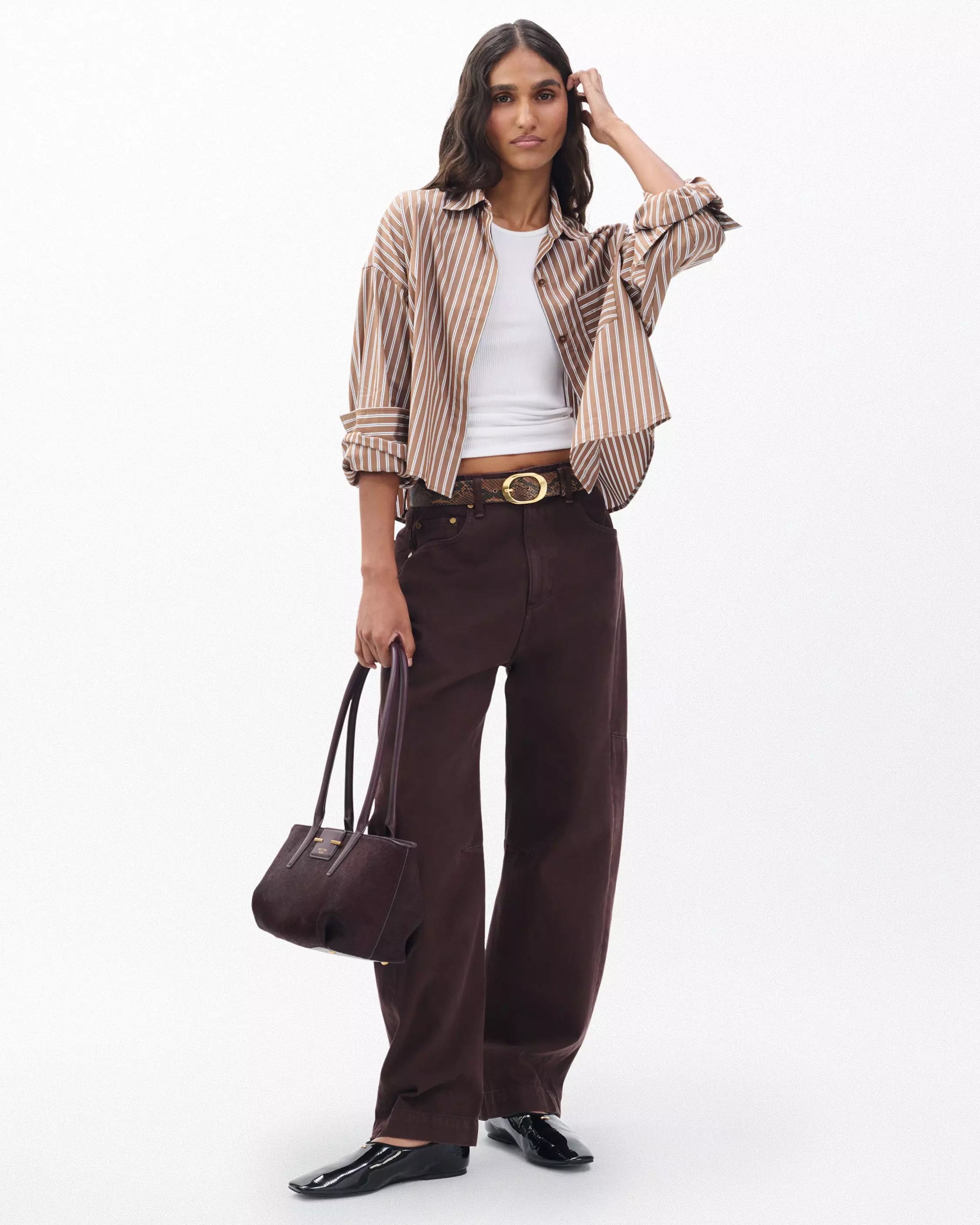 Rag & Bone Marin Cropped Striped Shirt in Tobacco