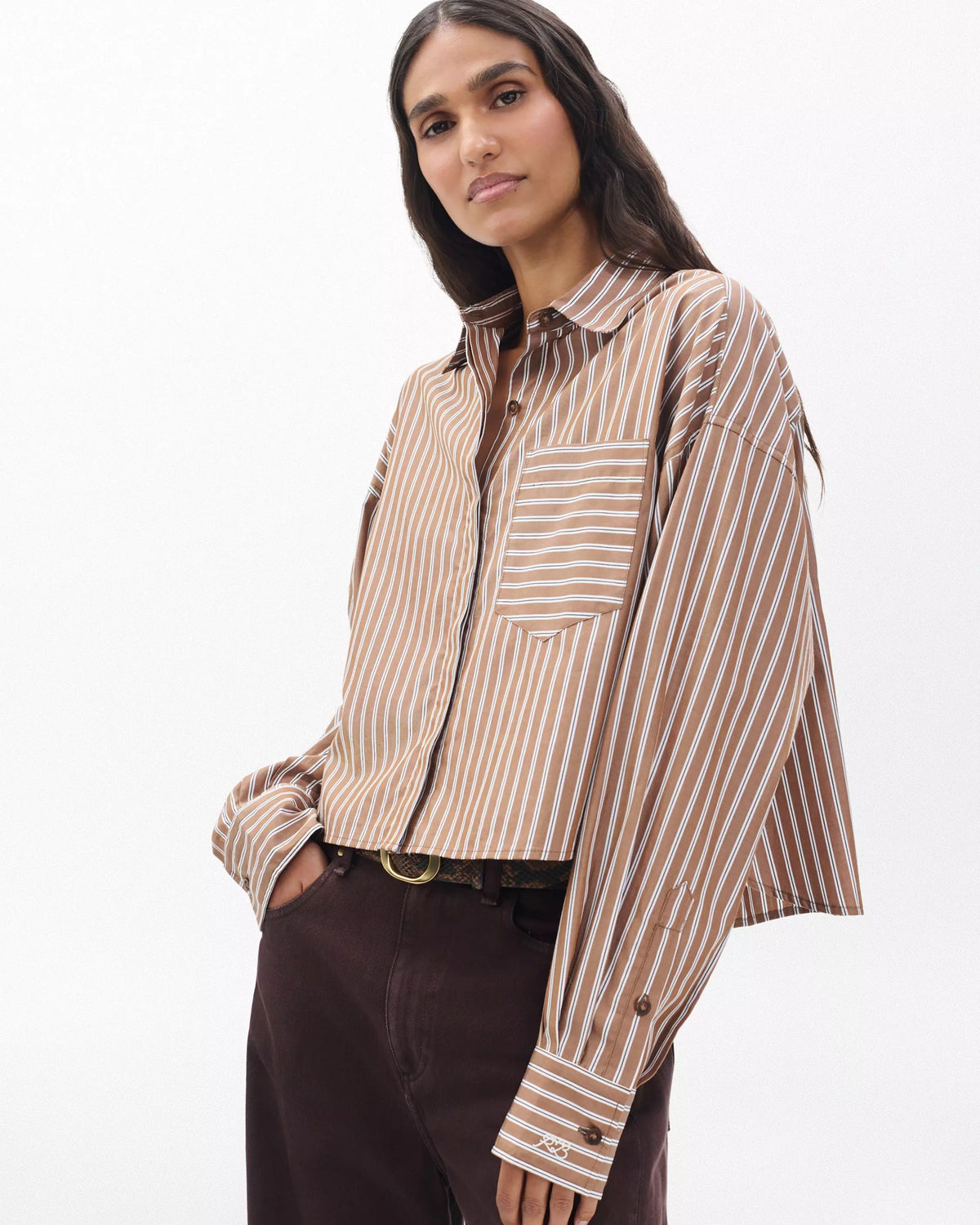 Rag & Bone Marin Cropped Striped Shirt in Tobacco