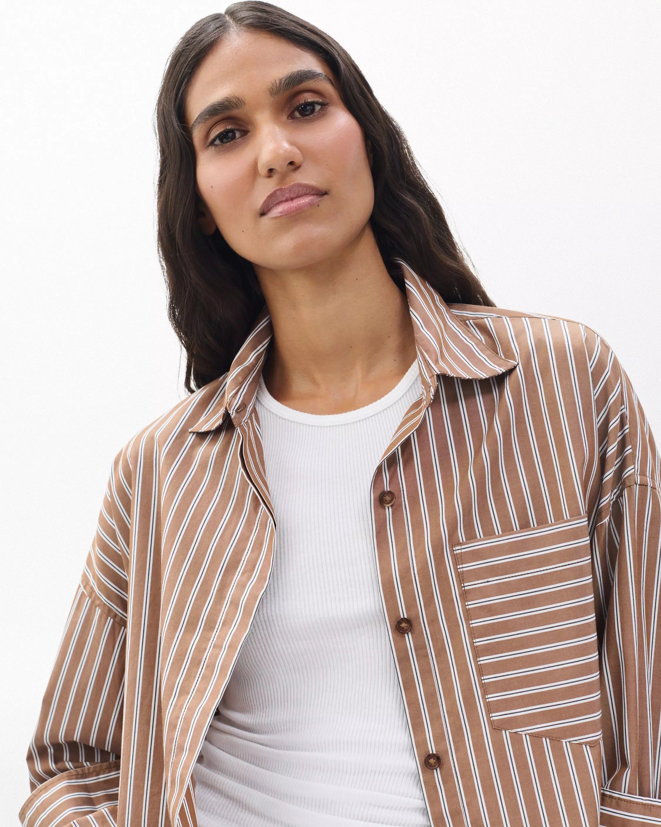 Rag & Bone Marin Cropped Striped Shirt in Tobacco