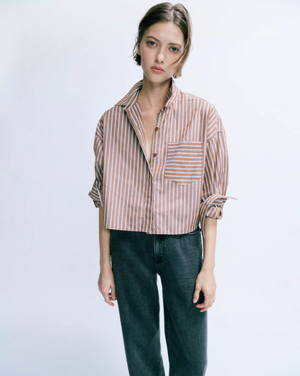 Rag & Bone Marin Cropped Striped Shirt in Tobacco